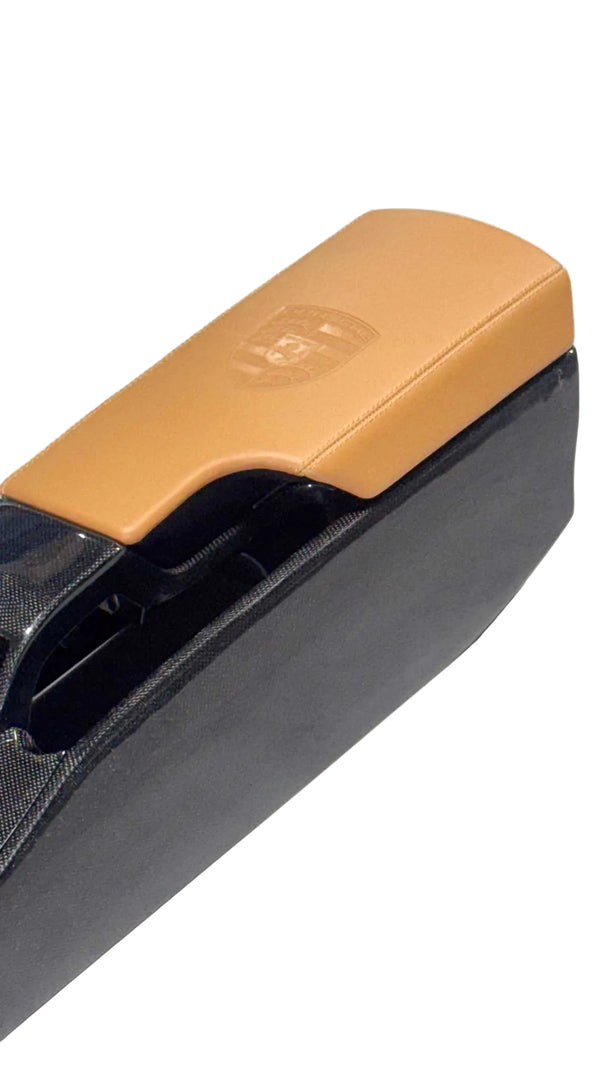 In Stock Pre-Built Porsche 997 Coupe / 987 Cayman Carbon Center Console - Sand Beige Crest Armrest