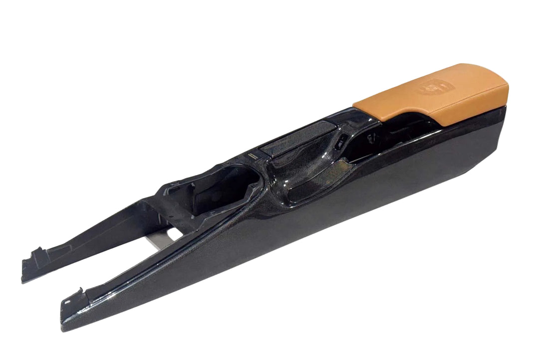 In Stock Pre-Built Porsche 997 Coupe / 987 Cayman Carbon Center Console - Sand Beige Crest Armrest