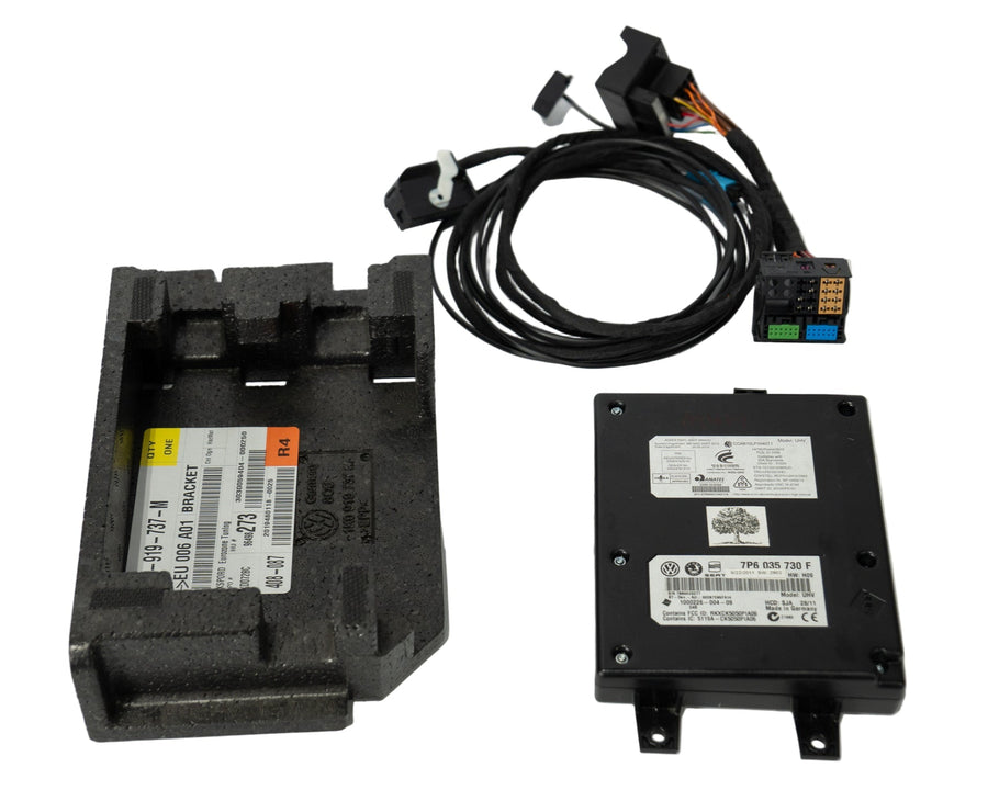 Electrical components including a black box with wiring on a white background