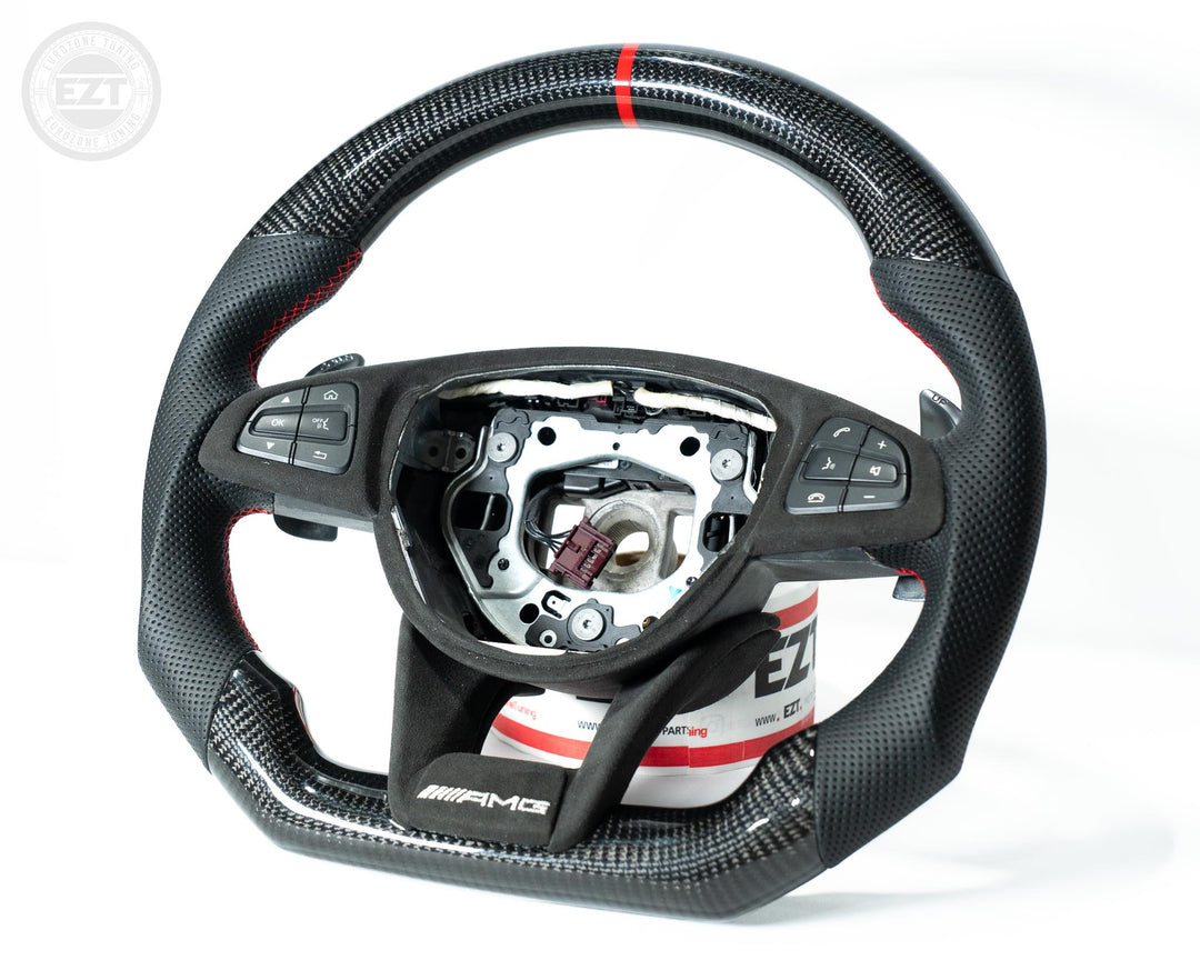 In Stock EZT Steering Wheel – Mercedes W205 AMG – Gloss Carbon + Perforated Leather