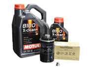 Load image into Gallery viewer, A set of Motul 8100 X-clean engine oil and oil filter packaging, including two quart-sized bottles of oil and a small oil drain plug, with branding and VW approval logos.