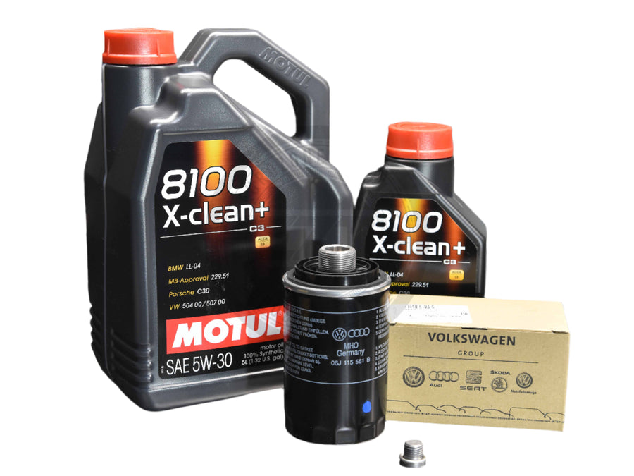 A set of Motul 8100 X-clean engine oil and oil filter packaging, including two quart-sized bottles of oil and a small oil drain plug, with branding and VW approval logos.