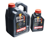 Load image into Gallery viewer, Two containers of Motul 8100 X-Max 0W-40 Gen 2 Engine Oil on a metal surface, with one larger container and one smaller container.