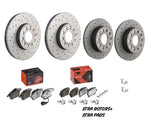 Load image into Gallery viewer, Set of brake rotors and pads with packaging on a white background
