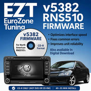 Promotional graphic for EZT EuroZone Tuning v5382 RNS510 Firmware, showing a car stereo interface, a CD-R disc, a black Volkswagen car, and text describing firmware features and compatibility.