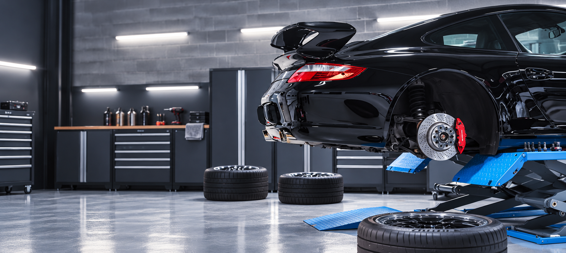 Performance car on a lift with its brake rotor and caliper exposed